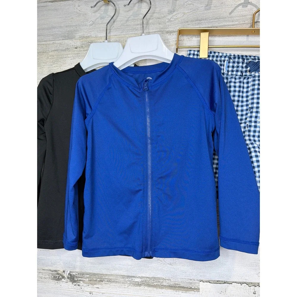 Swim Bundle Boys 3T Blue Black Gingham Swimming Trunks Rash Guards Resortwear